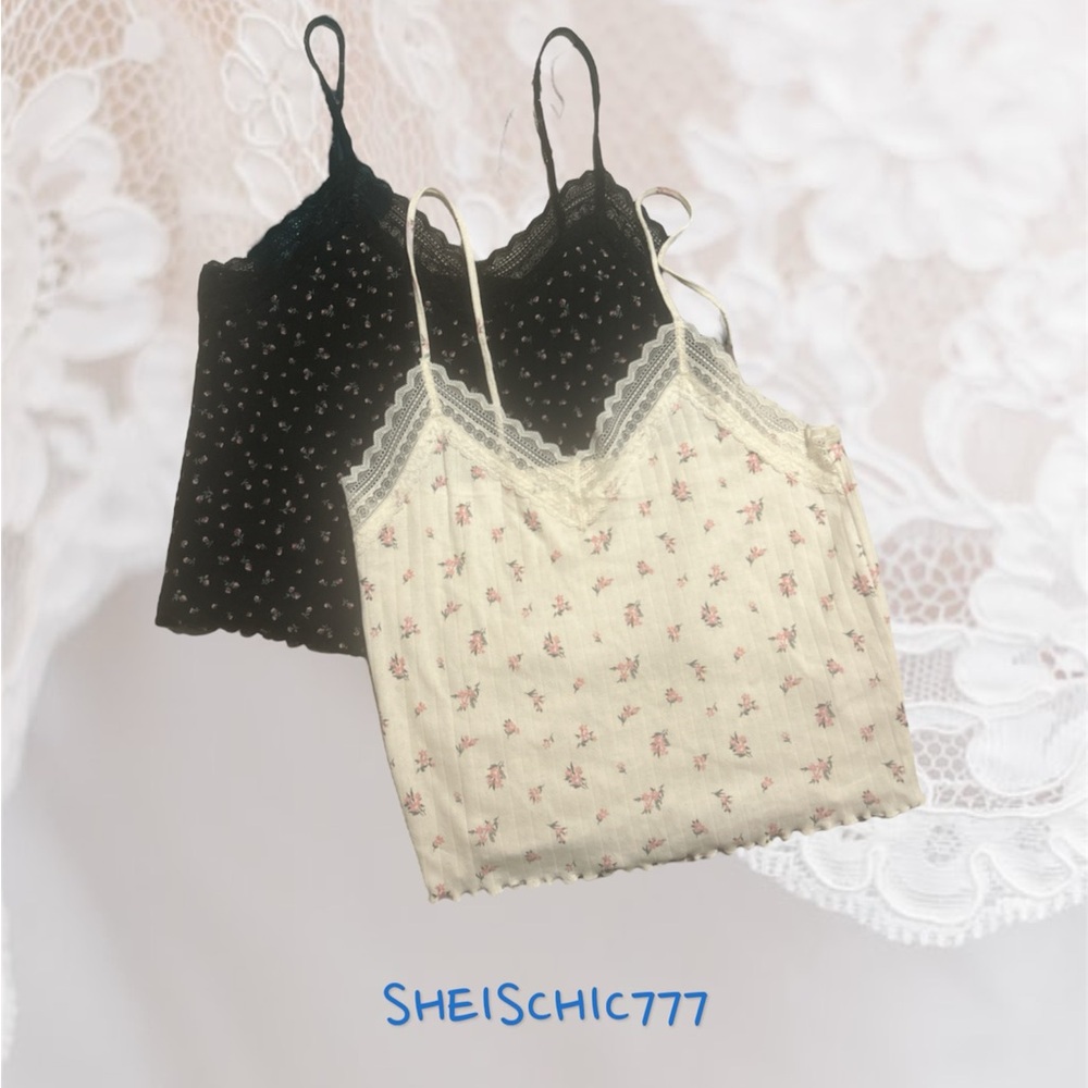 🆕 Bundle of 2 Lace Trim Black & Cream Adjustable Cami’s Sz2Xl-Xl💕